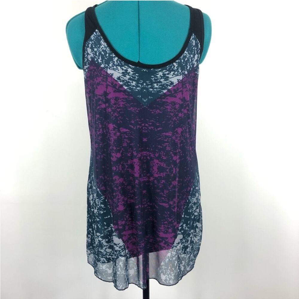 Cabi black lace overlay purple and tan racer back tank top